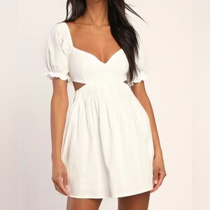 Lulus Love the Feeling White Puff Sleeve Lace-Up Cutout Mini Dress